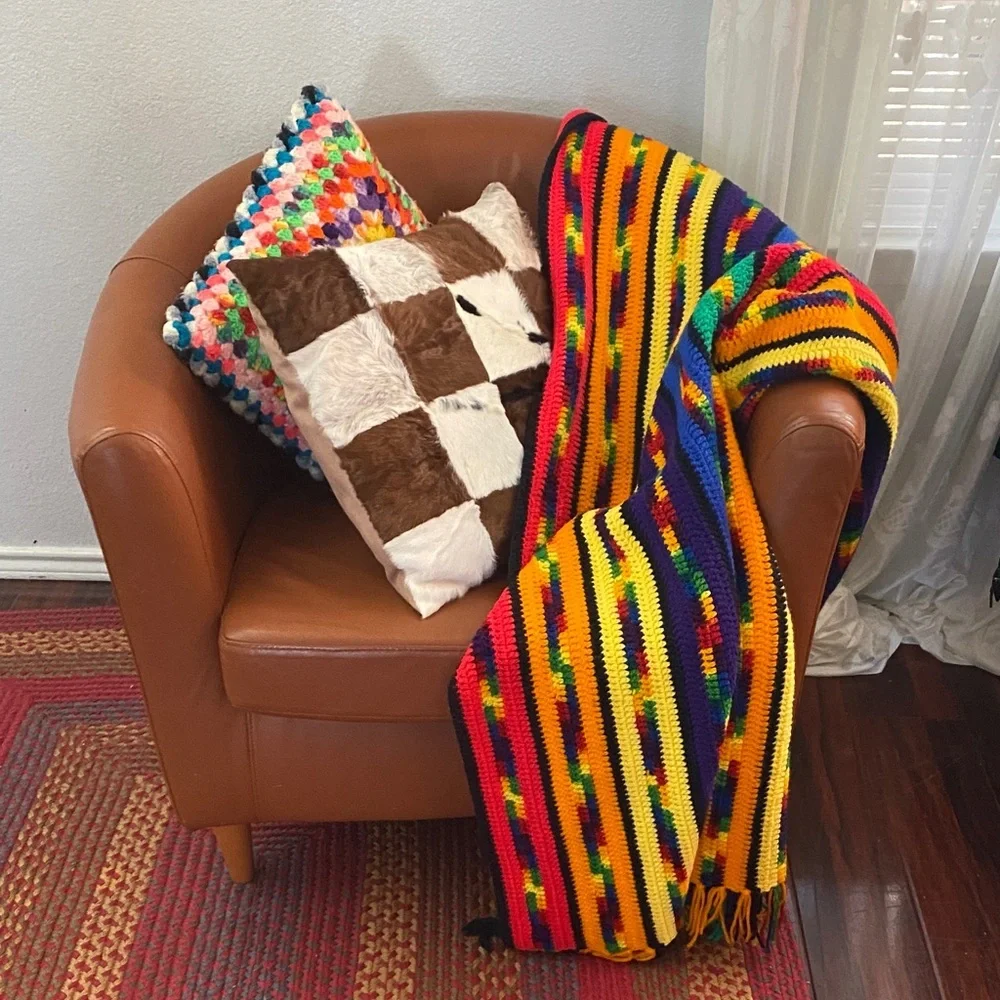 Handmade Vintage Hand-Crocheted Large Rainbow Stripe Throw Blanket 63” x 44”